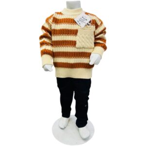 Boys Striped Knit Sweater with Cable Pocket & Black Pants Set – Cream & Rust Brown