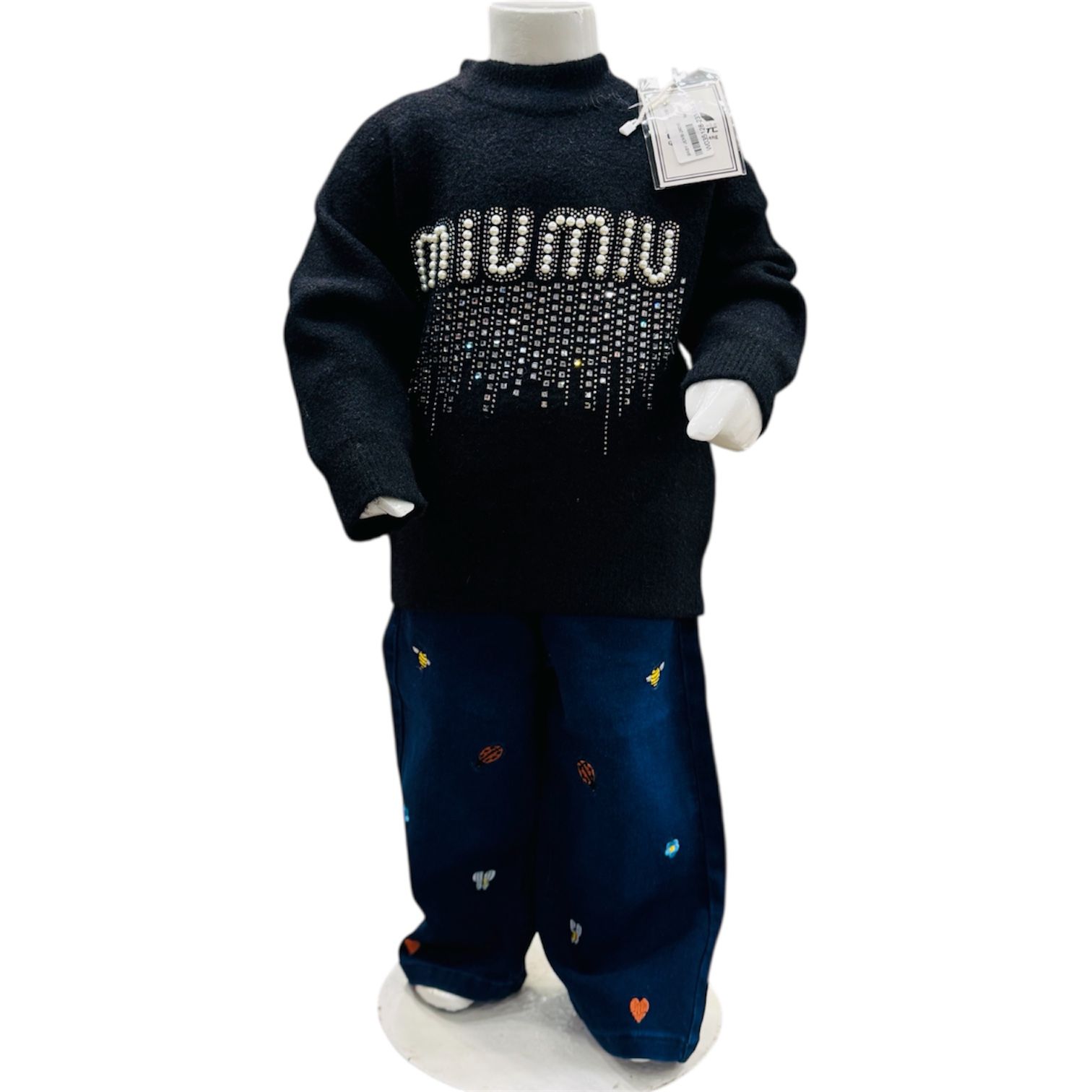 Girls Black Knit Sweater with Embellished Text & Printed Pants Set