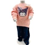 Girls Peach Knit Sweater with Cute Cartoon Patch & Printed Pants Set
