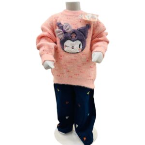 Girls Peach Knit Sweater with Cute Cartoon Patch & Printed Pants Set
