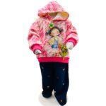 Girls Pink Hooded Winter Sweatshirt with Cartoon Print & Printed Pants Set
