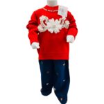 Girls Red Winter Sweater with Pearl & Floral Appliqué and Printed Pants Set