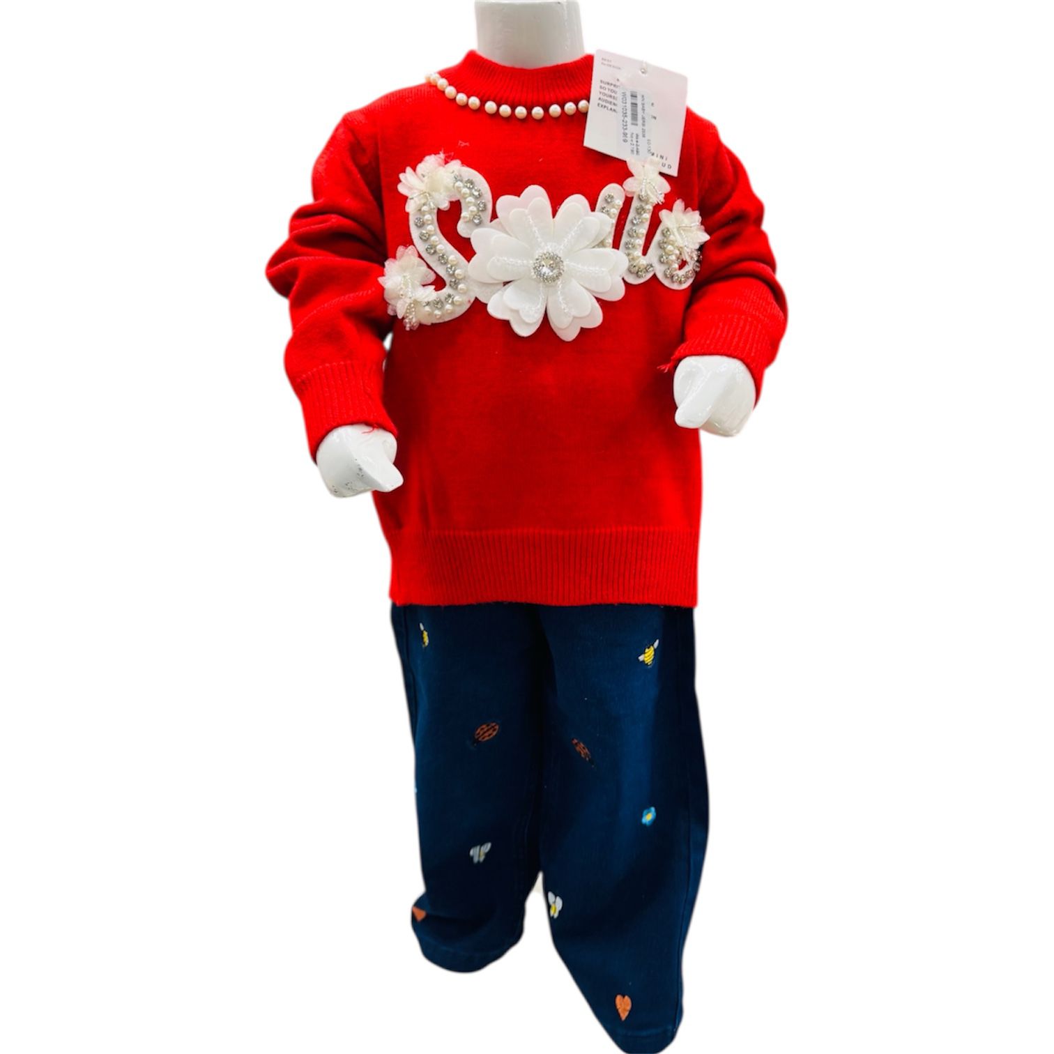 Girls Red Winter Sweater with Pearl & Floral Appliqué and Printed Pants Set