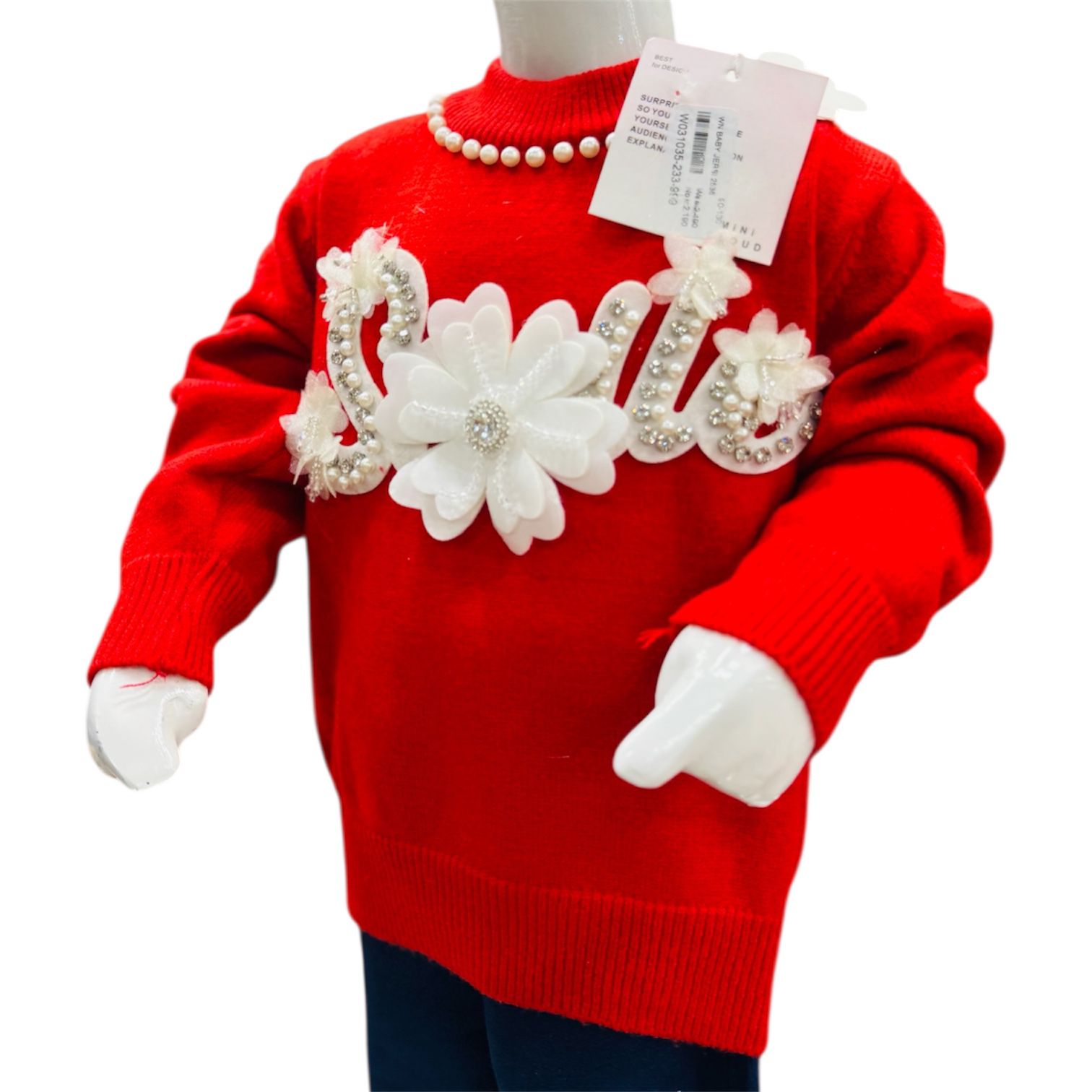 Girls Red Winter Sweater with Pearl & Floral Appliqué and Printed Pants Set - Image 3
