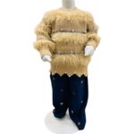 Girls Beige Fur Knit Sweater with Pearl Detailing & Printed Pants Set