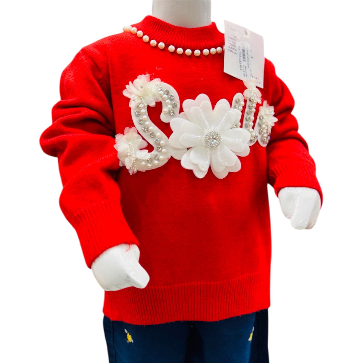 Girls Red Winter Sweater with Pearl & Floral Appliqué and Printed Pants Set - Image 4