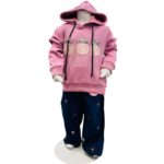 Girls Pink Hoodie Winter Top with Printed Pants Set