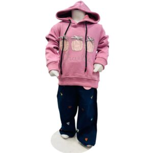 Girls Pink Hoodie Winter Top with Printed Pants Set