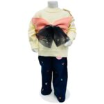 Girls Cream Sweater with Bow Design & Printed Pants Winter Set
