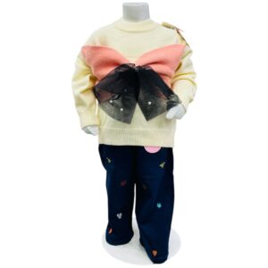 Girls Cream Sweater with Bow Design & Printed Pants Winter Set