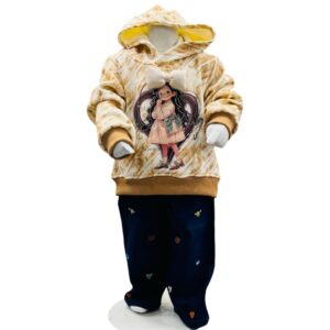Girls Cream Printed Hoodie Winter Top with Pants Set