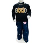 Girls Black Pearl Neck Sweater with Floral Embellishment & Printed Pants Set
