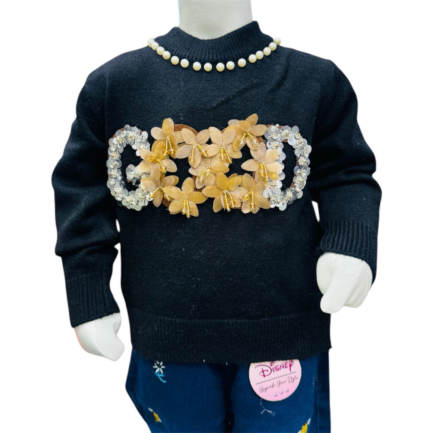 Girls Black Pearl Neck Sweater with Floral Embellishment & Printed Pants Set - Image 2