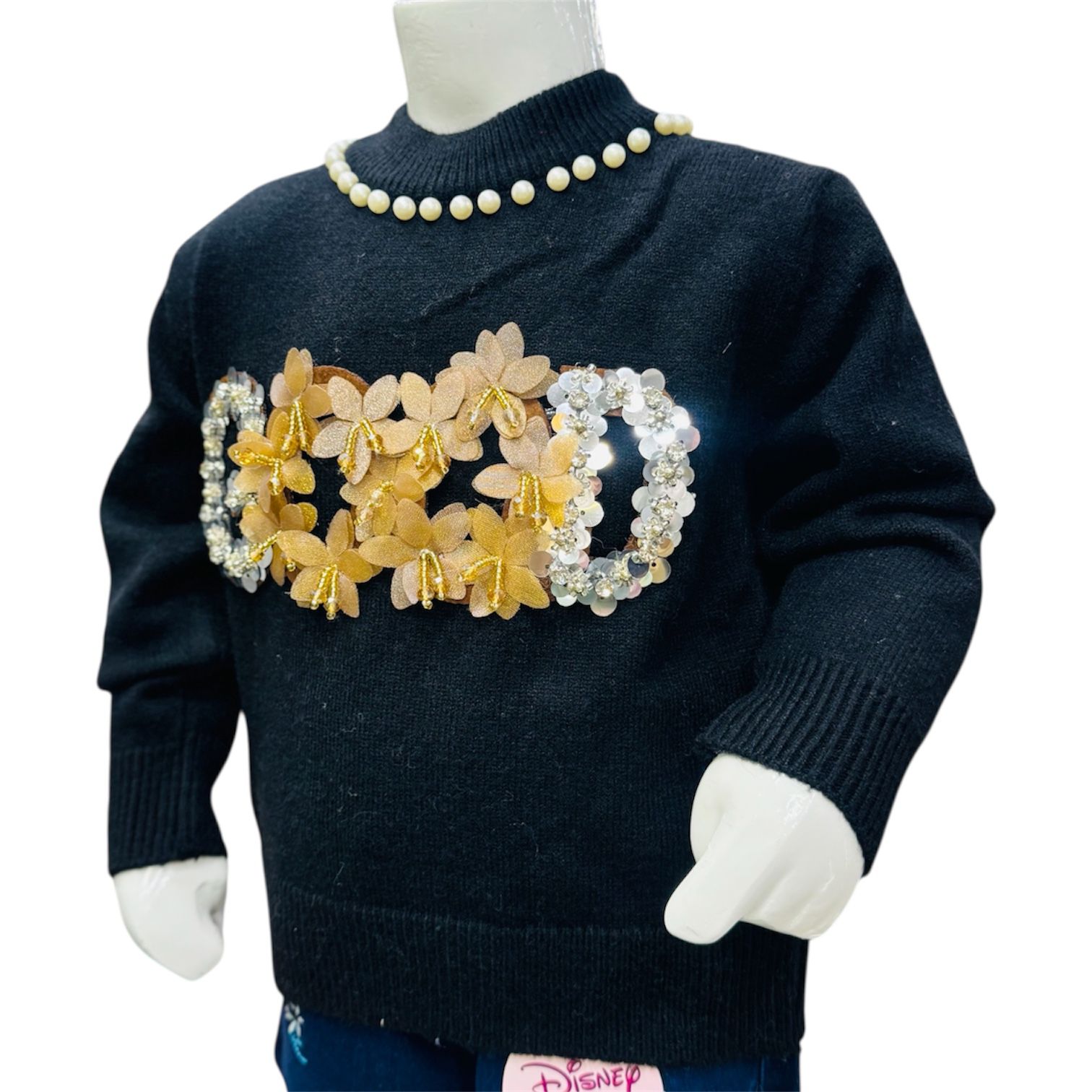 Girls Black Pearl Neck Sweater with Floral Embellishment & Printed Pants Set - Image 3