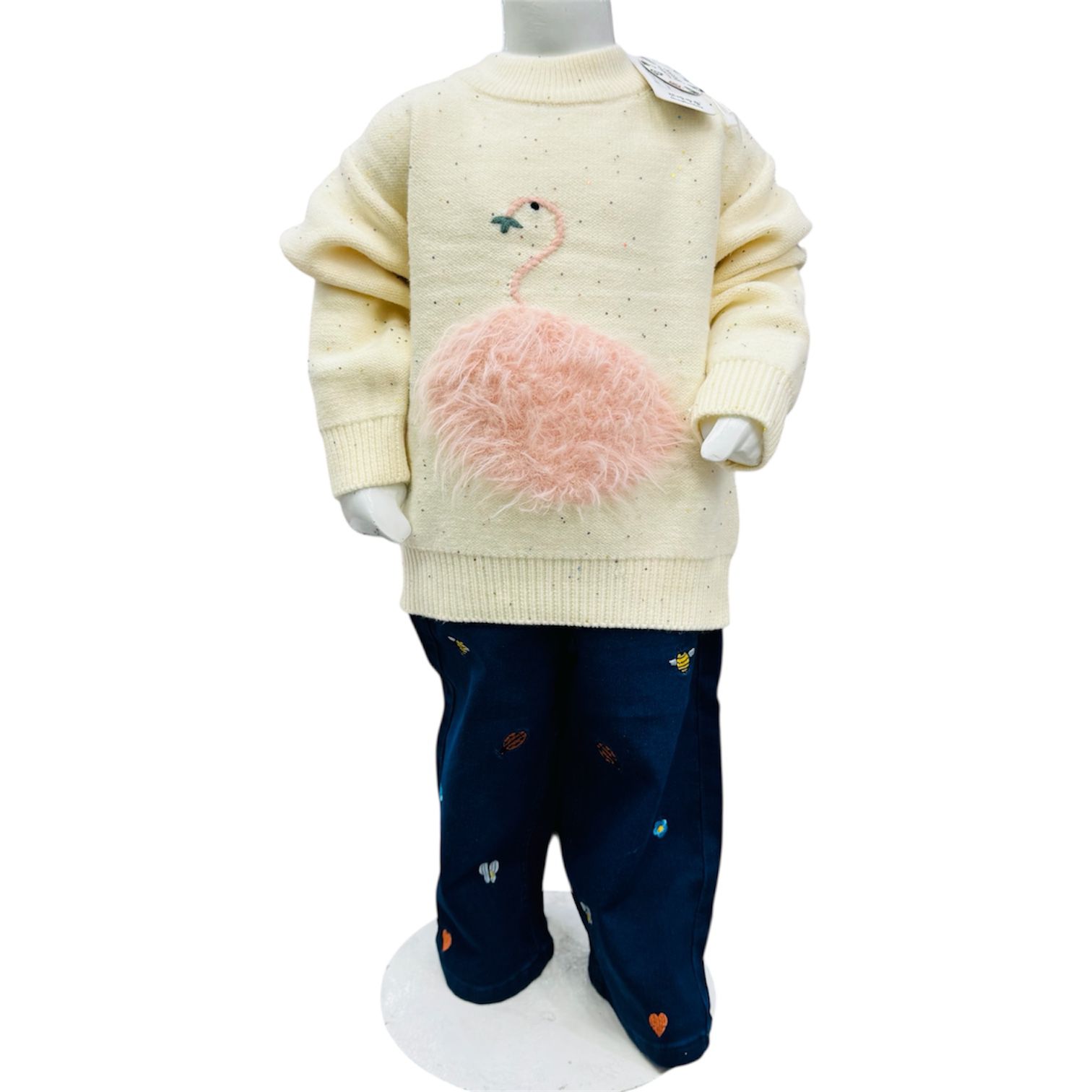 Girls Cream Flamingo Furry Sweater with Printed Pants Winter Set