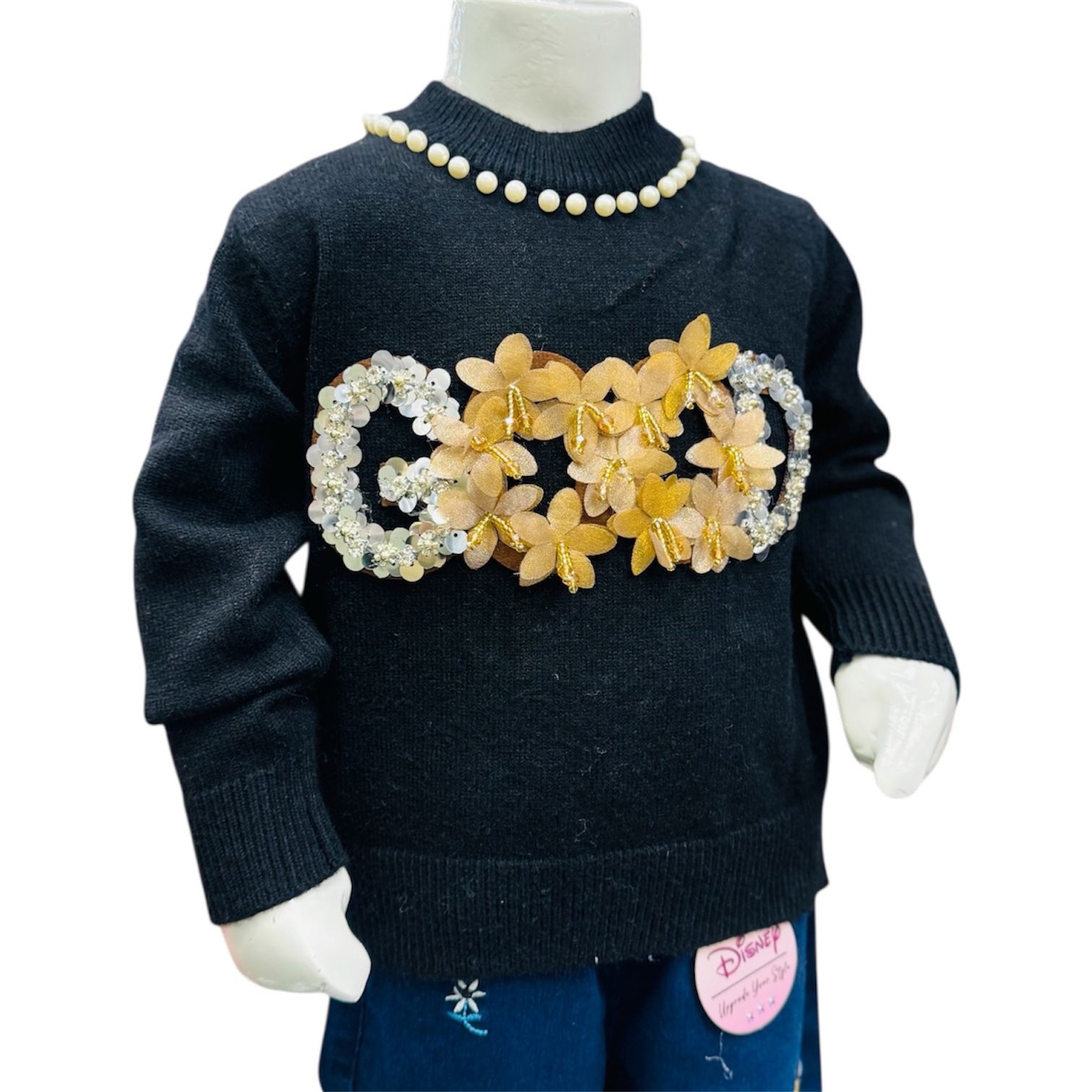 Girls Black Pearl Neck Sweater with Floral Embellishment & Printed Pants Set - Image 4