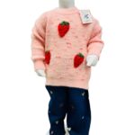 Girls Pink Strawberry Knitted Sweater with Printed Pants Winter Set