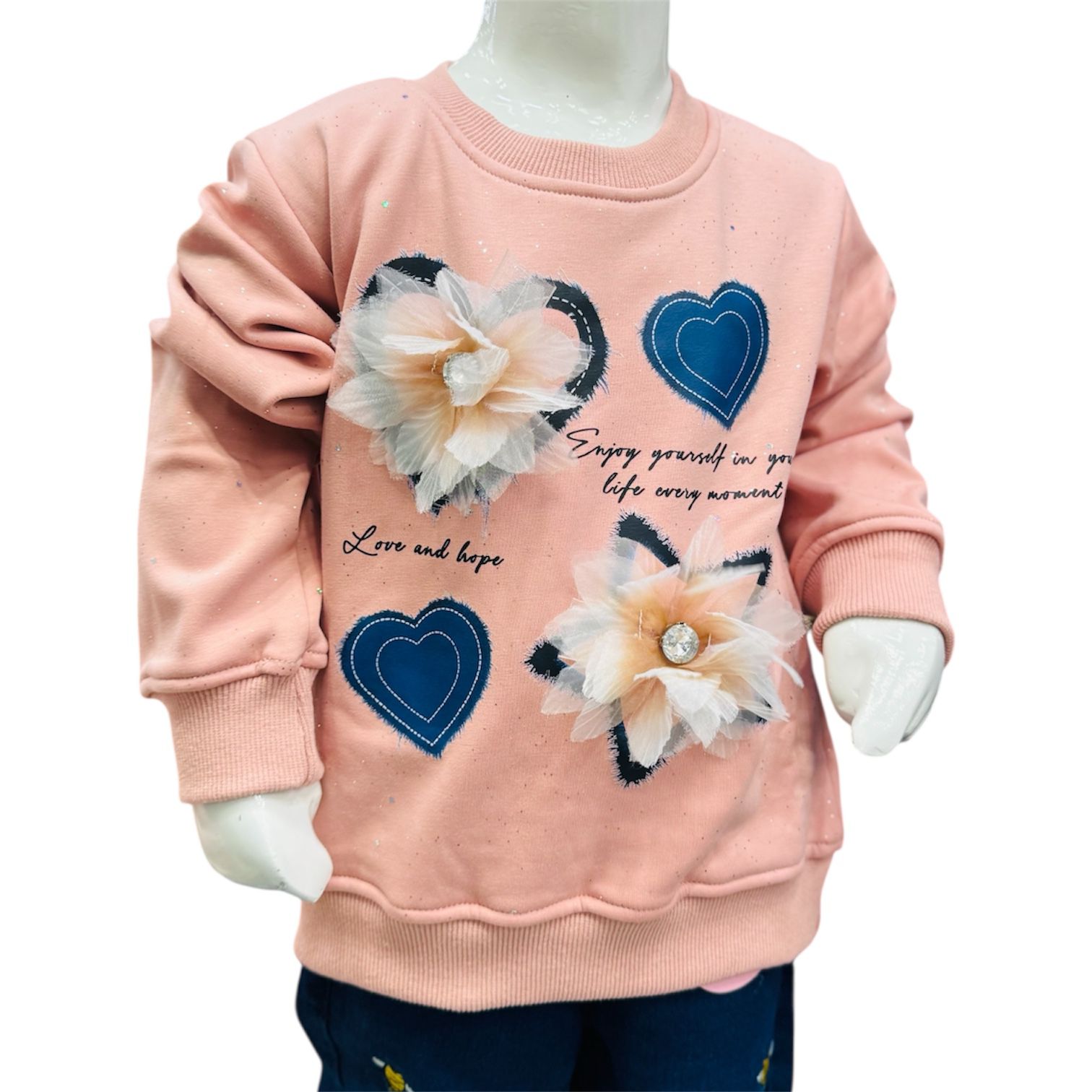 Girls Peach 3D Flower Heart Sweatshirt with Printed Pants Winter Set - Image 2