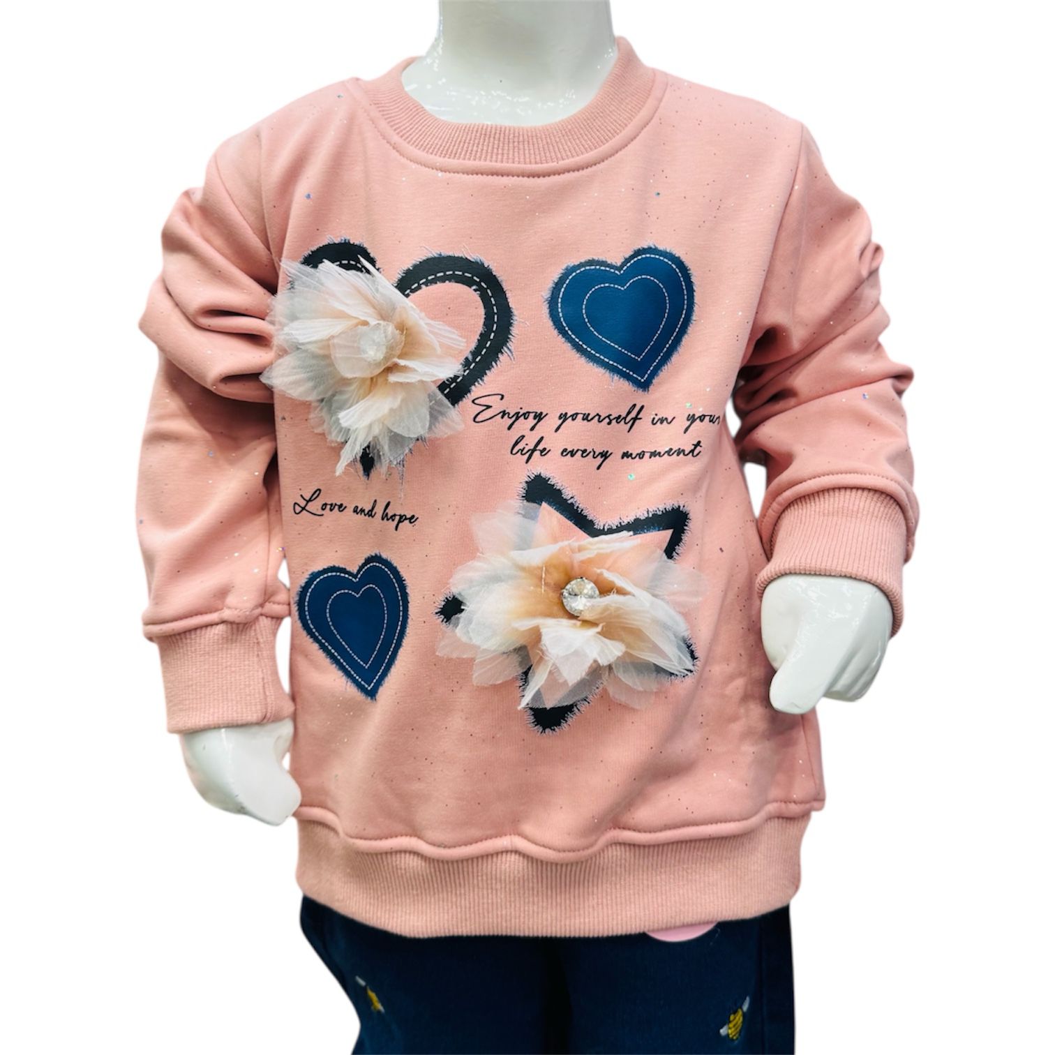 Girls Peach 3D Flower Heart Sweatshirt with Printed Pants Winter Set - Image 3