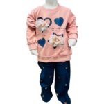 Girls Peach 3D Flower Heart Sweatshirt with Printed Pants Winter Set
