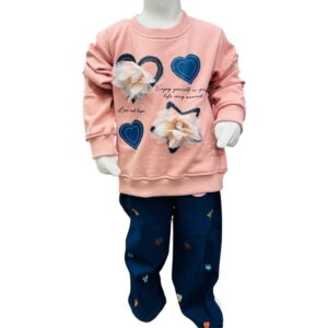 Girls Peach 3D Flower Heart Sweatshirt with Printed Pants Winter Set