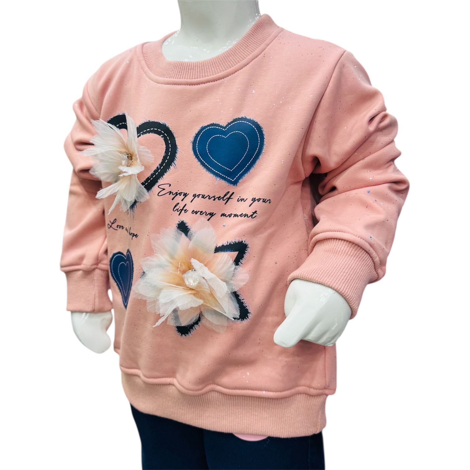 Girls Peach 3D Flower Heart Sweatshirt with Printed Pants Winter Set - Image 4