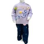 Girls Lavender Flower Knit Sweater with Printed Pants Winter Set