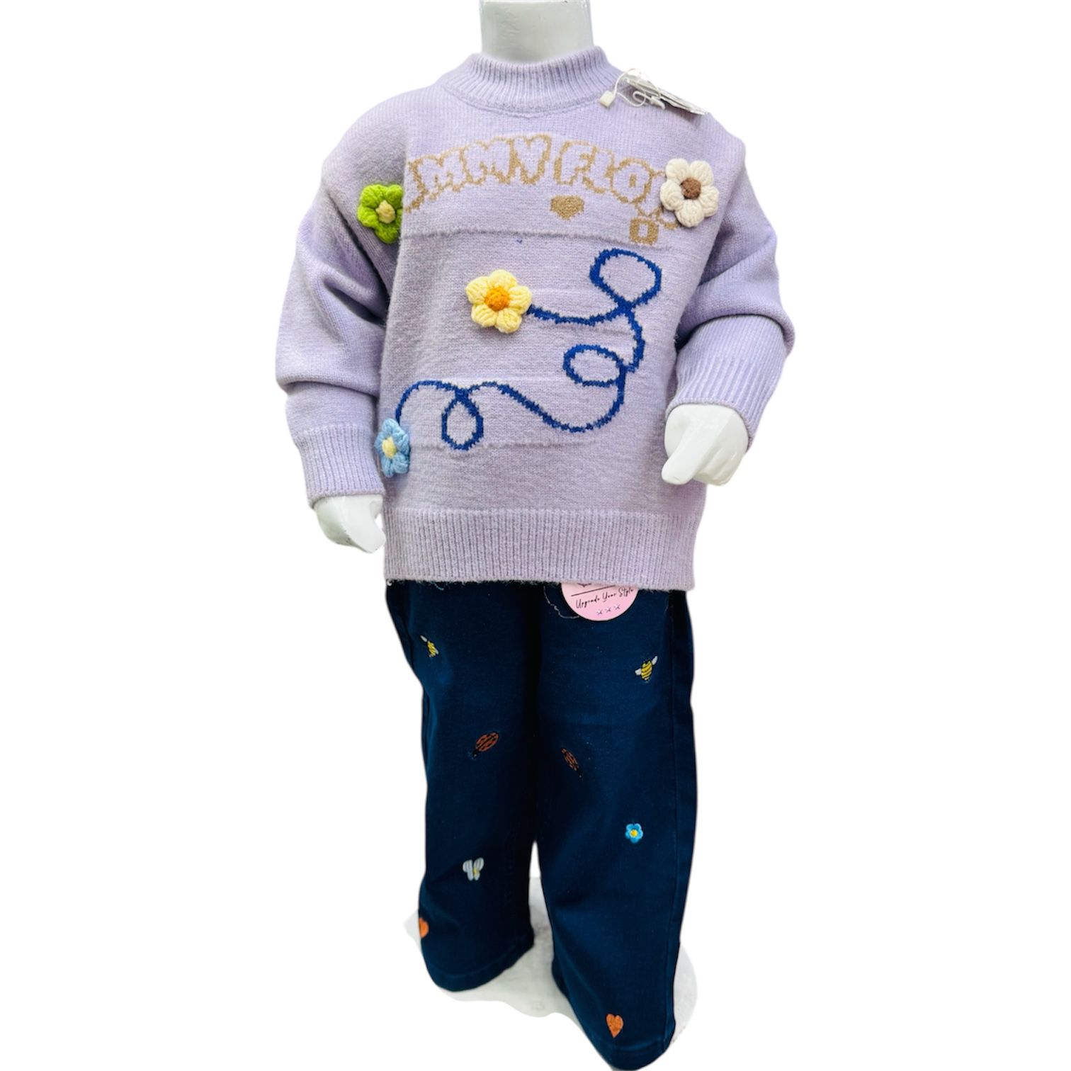 Girls Lavender Flower Knit Sweater with Printed Pants Winter Set