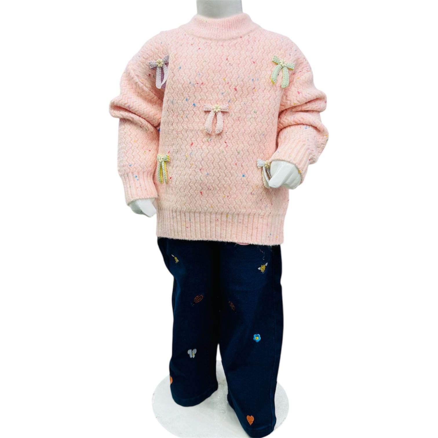 Girls Pink Bow Knit Sweater with Printed Pants Winter Set