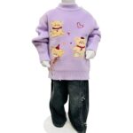Girls Teddy Bear Knit Sweater & Denim Jeans Set – Lavender
