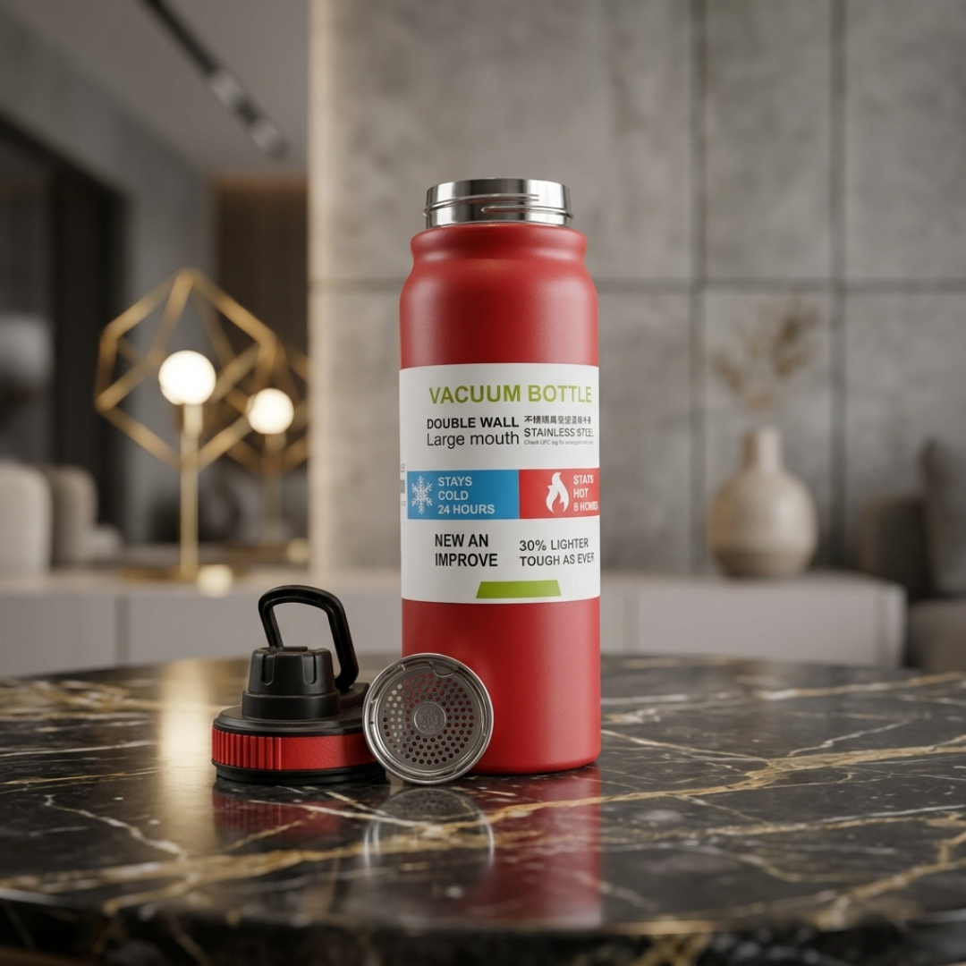 Premium Red Double-Wall Vacuum Insulated Stainless Steel Water Bottle with Leak-Resistant Lid & Carry