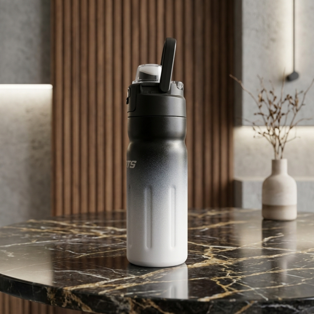 Premium Black & White Sports Water Bottle – Flip Straw Bottle