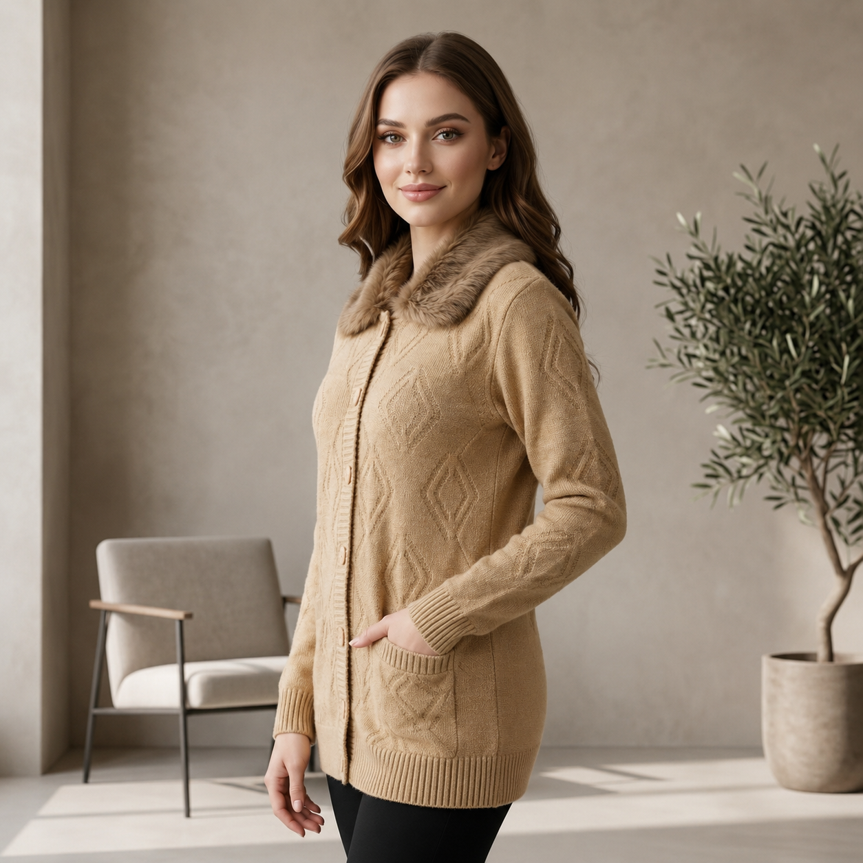 Women’s Beige Cable Knit Cardigan with Faux Fur Collar & Pockets