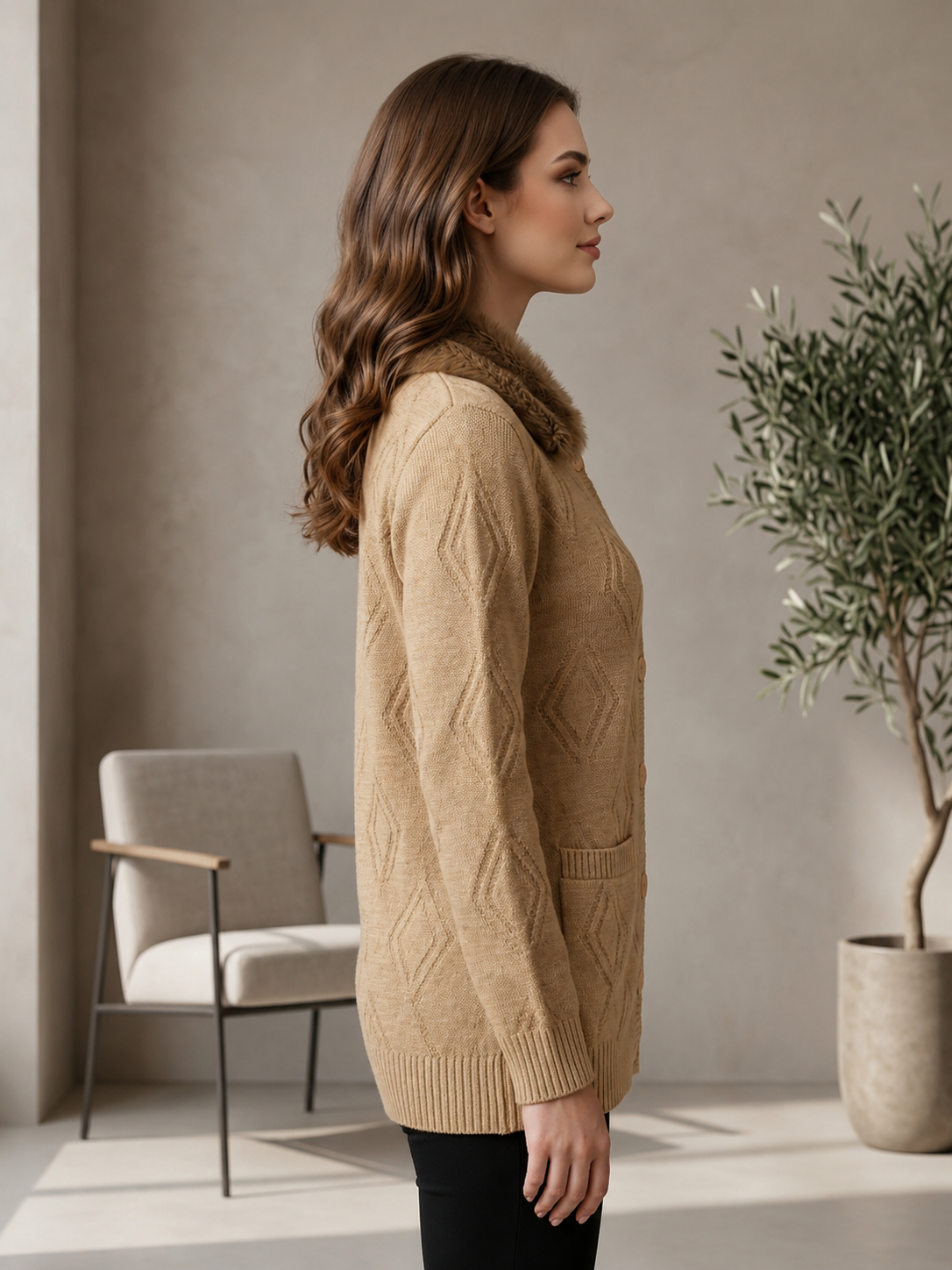 Women’s Beige Cable Knit Cardigan with Faux Fur Collar & Pockets