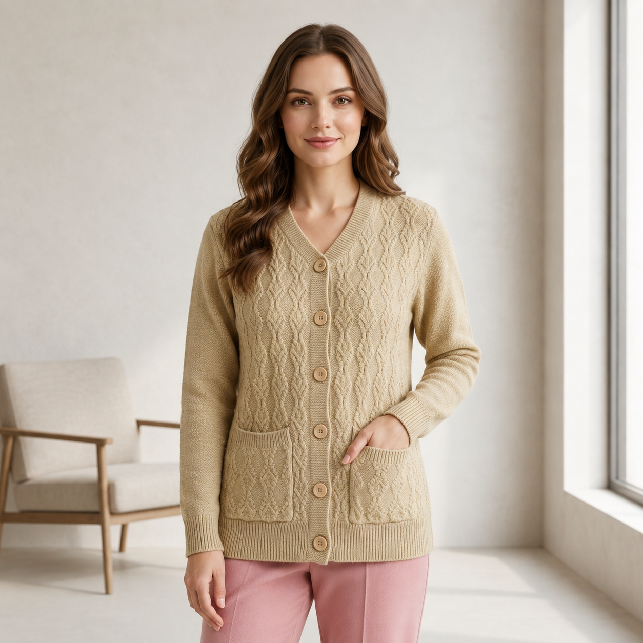 Women’s Cable Knit V-Neck Button-Down Cardigan with Front Pockets and Long Sleeves Jersey