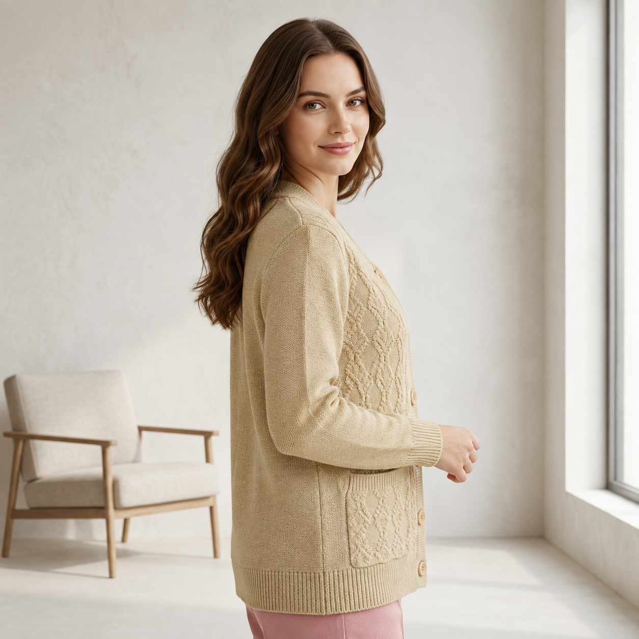 Women’s Cable Knit V-Neck Button-Down Cardigan with Front Pockets and Long Sleeves Jersey
