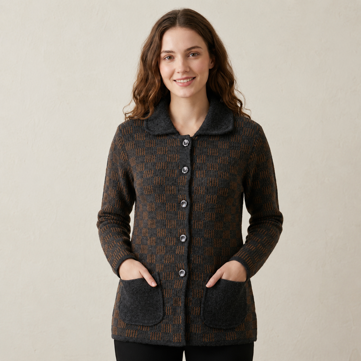 Brown Patterned Knit Cardigan