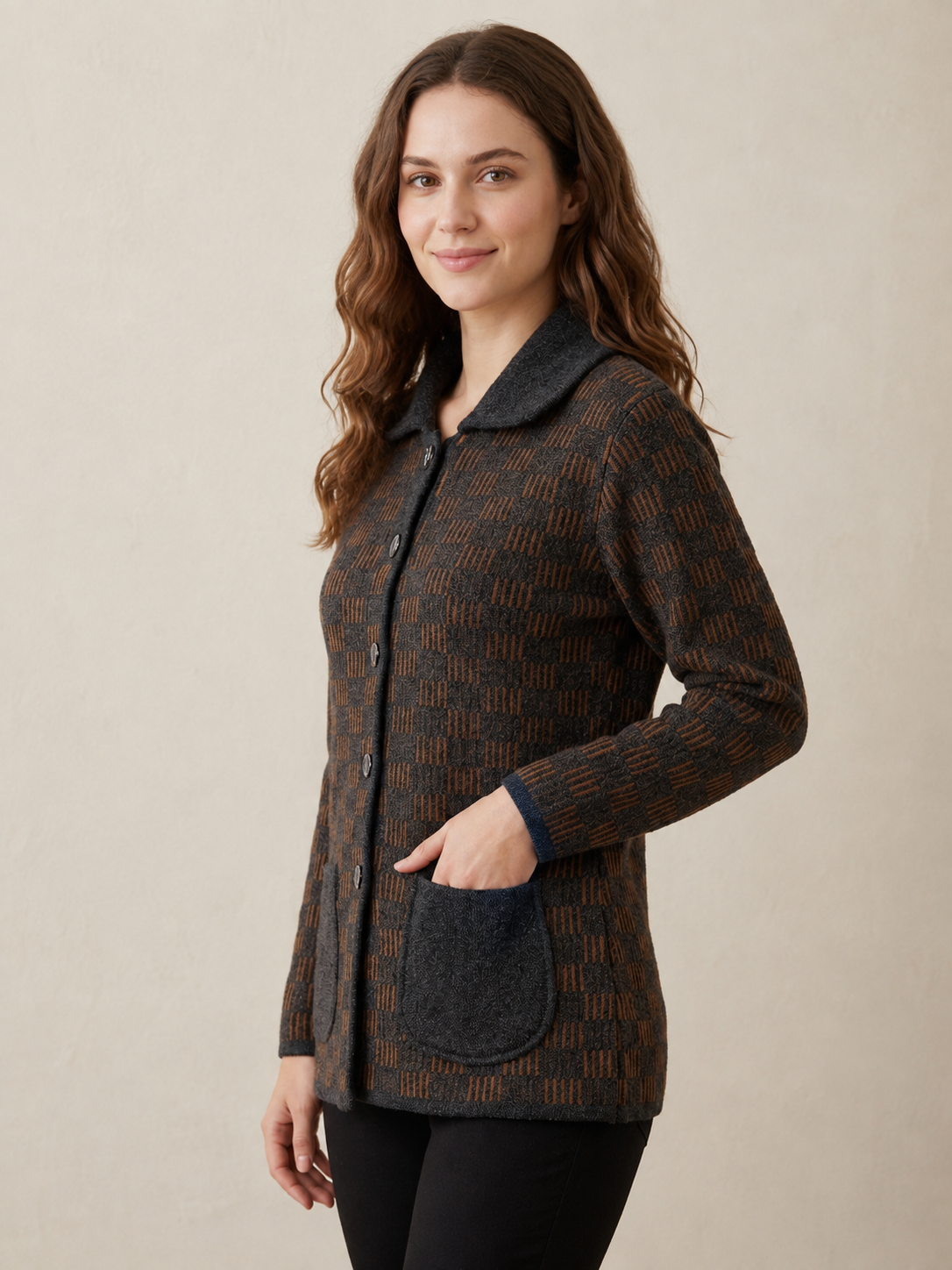 Brown Patterned Knit Cardigan