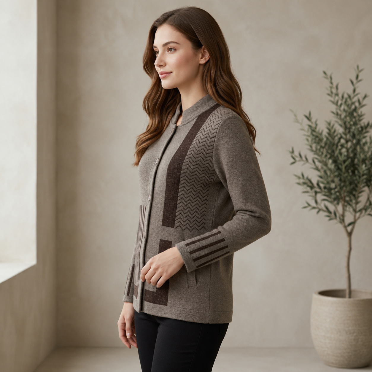 Brown Patterned Knit Cardigan