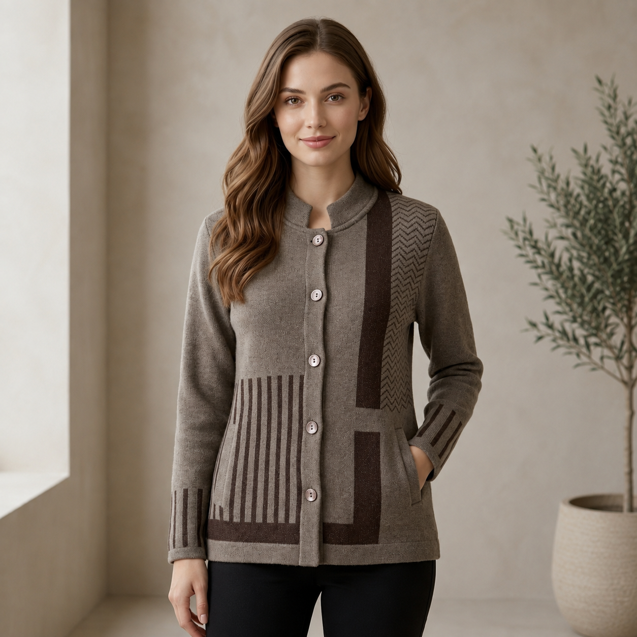 Brown Patterned Knit Cardigan