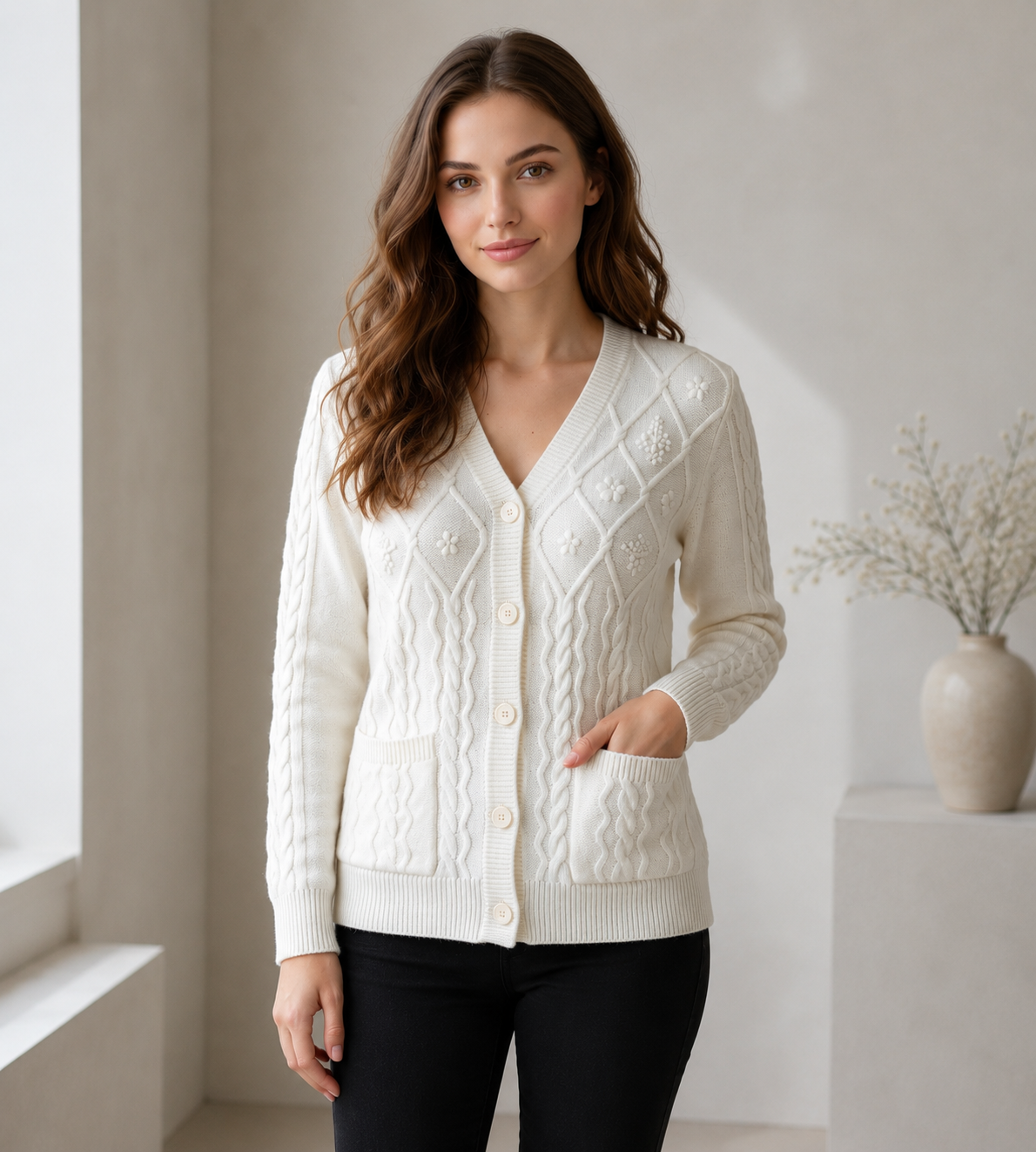 White Floral Knit Cardigan