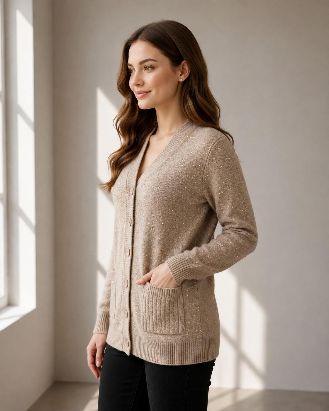 Women’s Elegant Beige Sparkle Knit Button Front V-Neck Cardigan