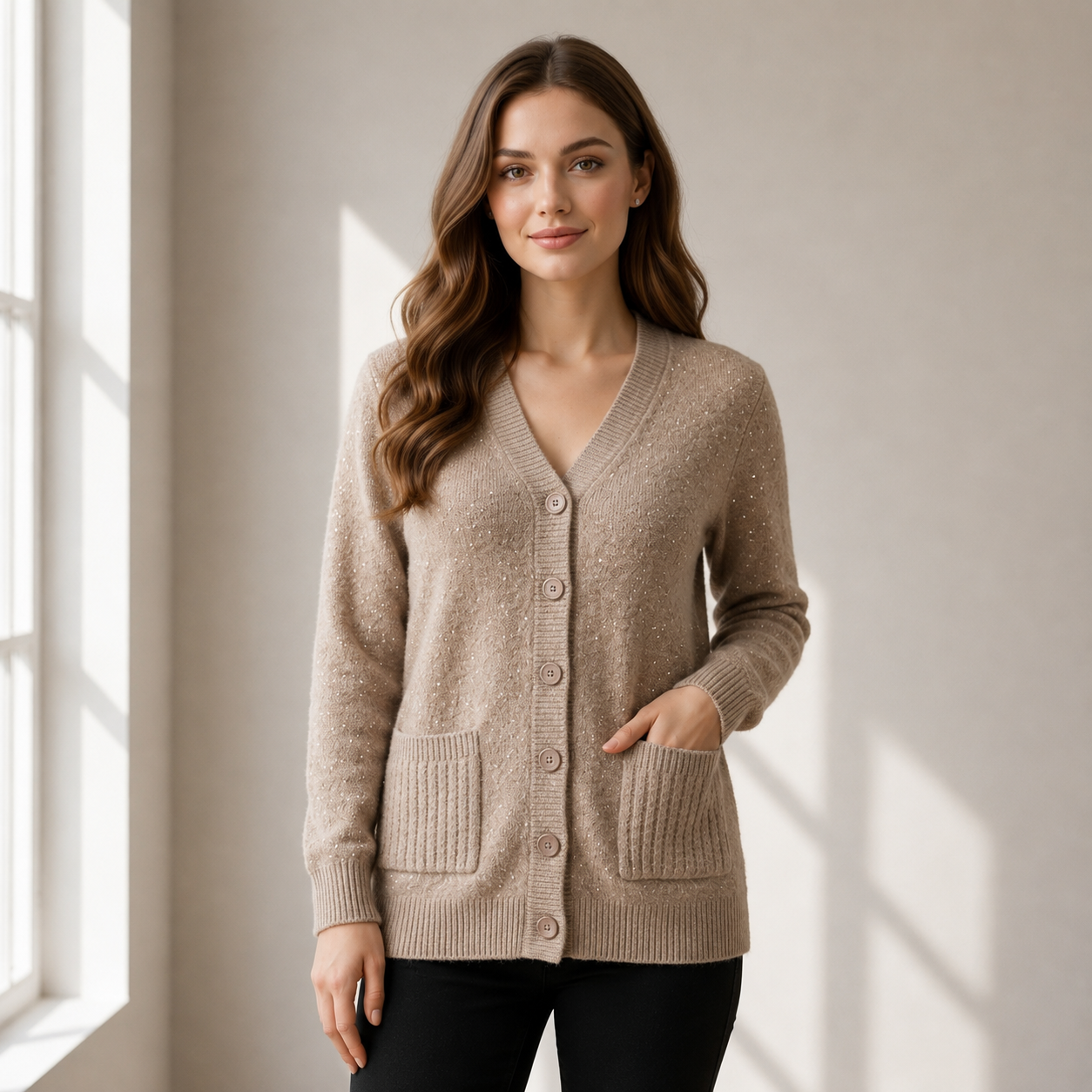 Women’s Elegant Beige Sparkle Knit Button Front V-Neck Cardigan