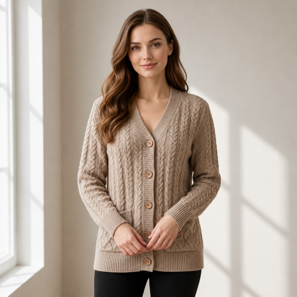 Women’s Elegant Beige Cable Knit Button Front Long Sleeve Cardigan