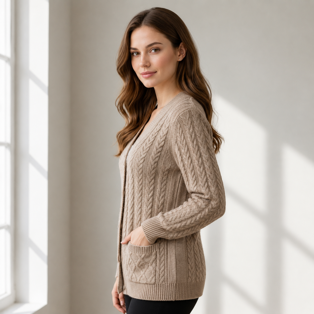 Women’s Elegant Beige Cable Knit Button Front Long Sleeve Cardigan