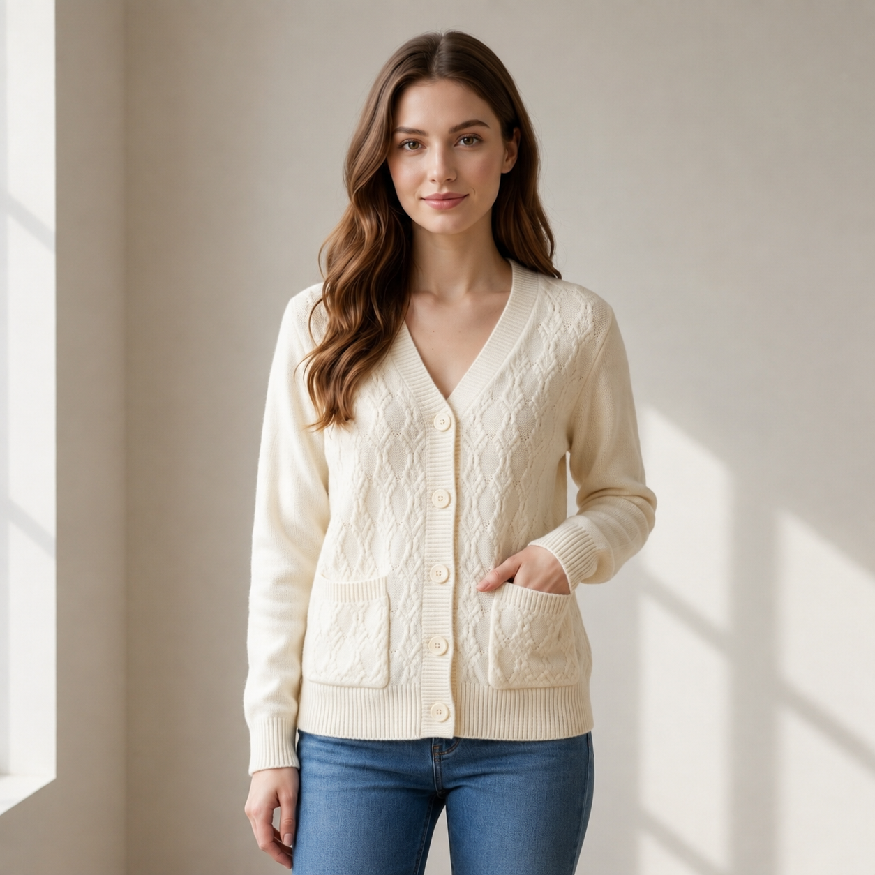 Women’s Cable Knit V-Neck Button-Down Jersey with Front Pockets and Long Sleeves