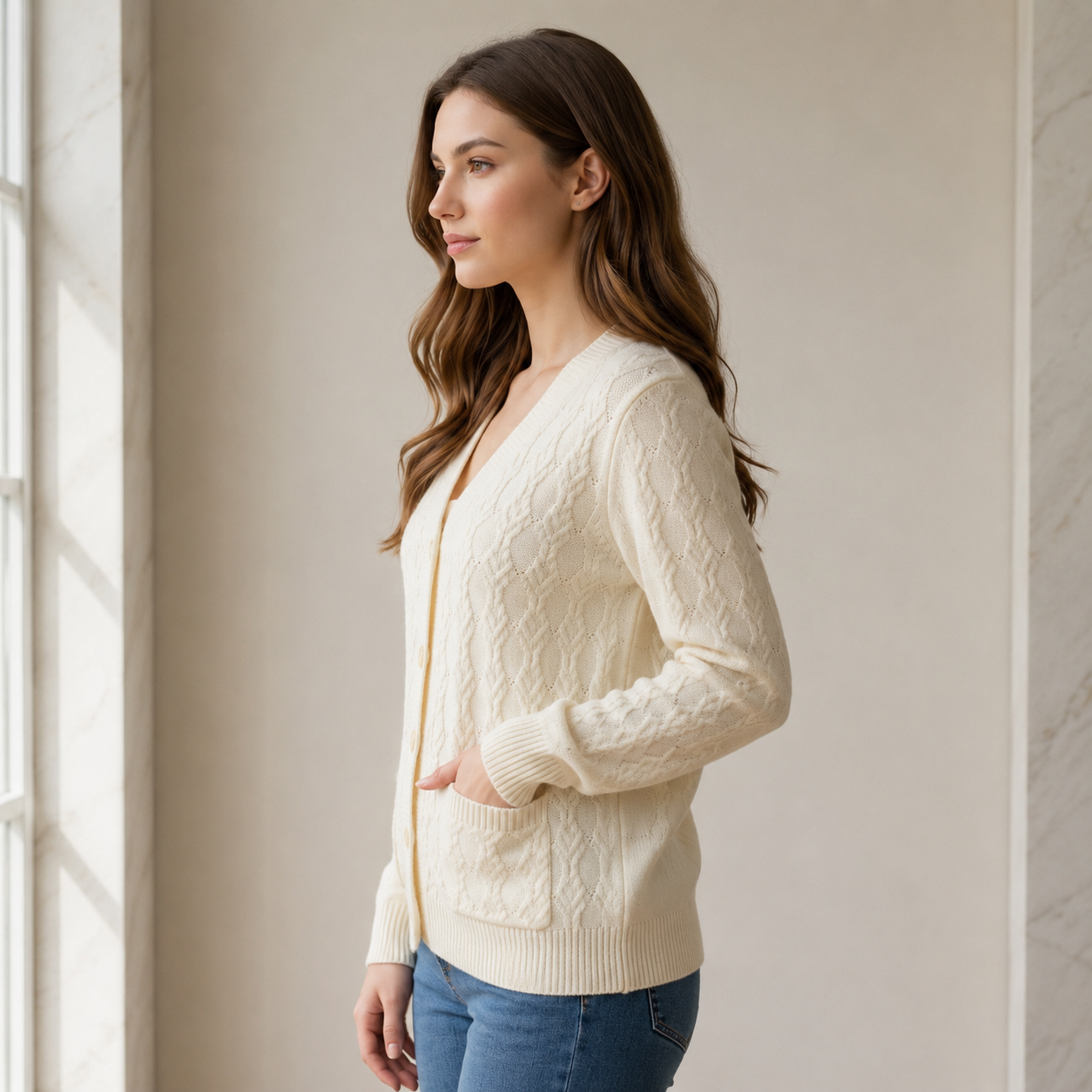 Women’s Cable Knit V-Neck Button-Down Jersey with Front Pockets and Long Sleeves