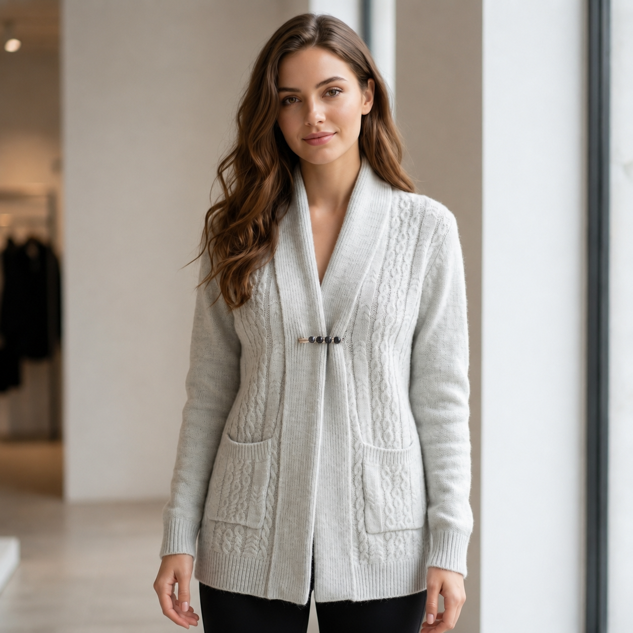 Women’s Cable Knit Shawl Collar Cardigan with Front Pockets and Decorative Closure