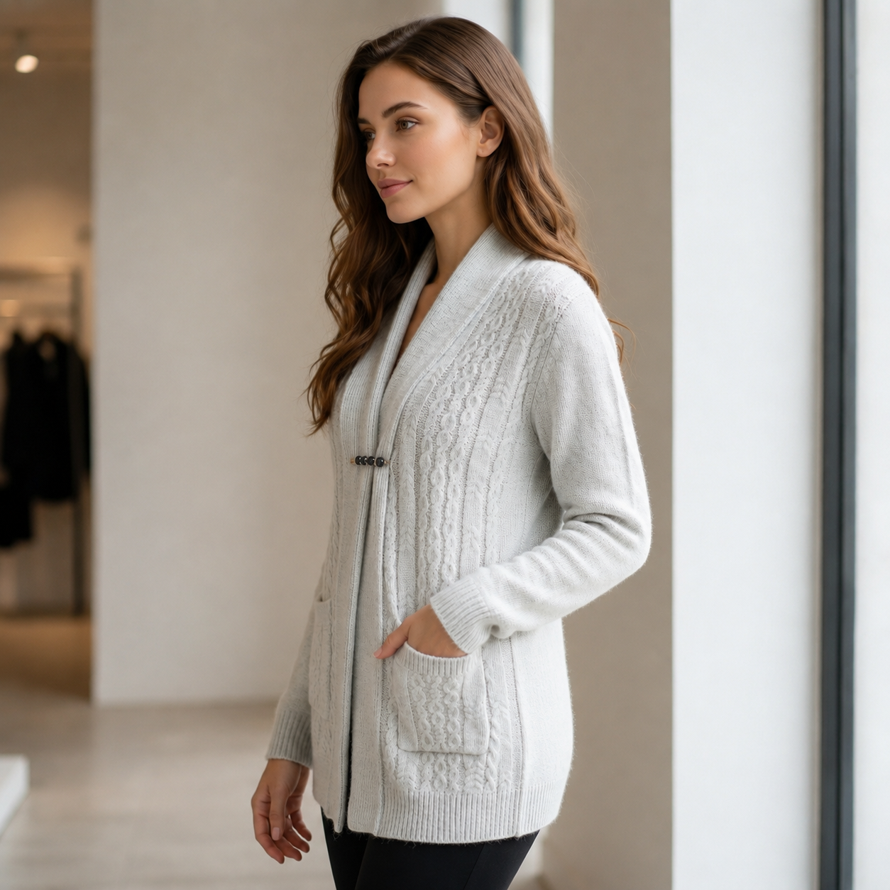 Women’s Cable Knit Shawl Collar Cardigan with Front Pockets and Decorative Closure