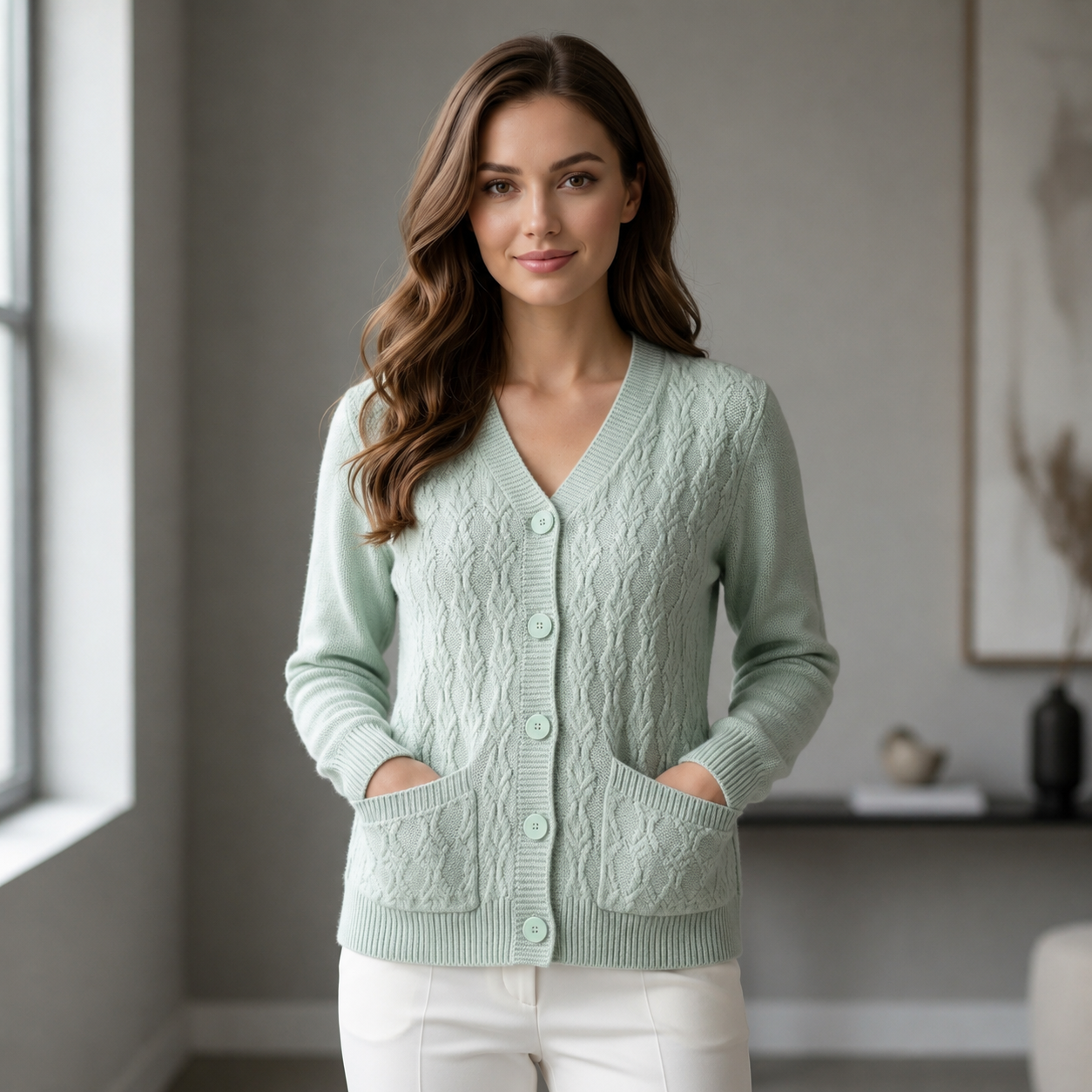 Women’s Elegant Mint Green Cable Knit Button Front Long Sleeve Cardigan
